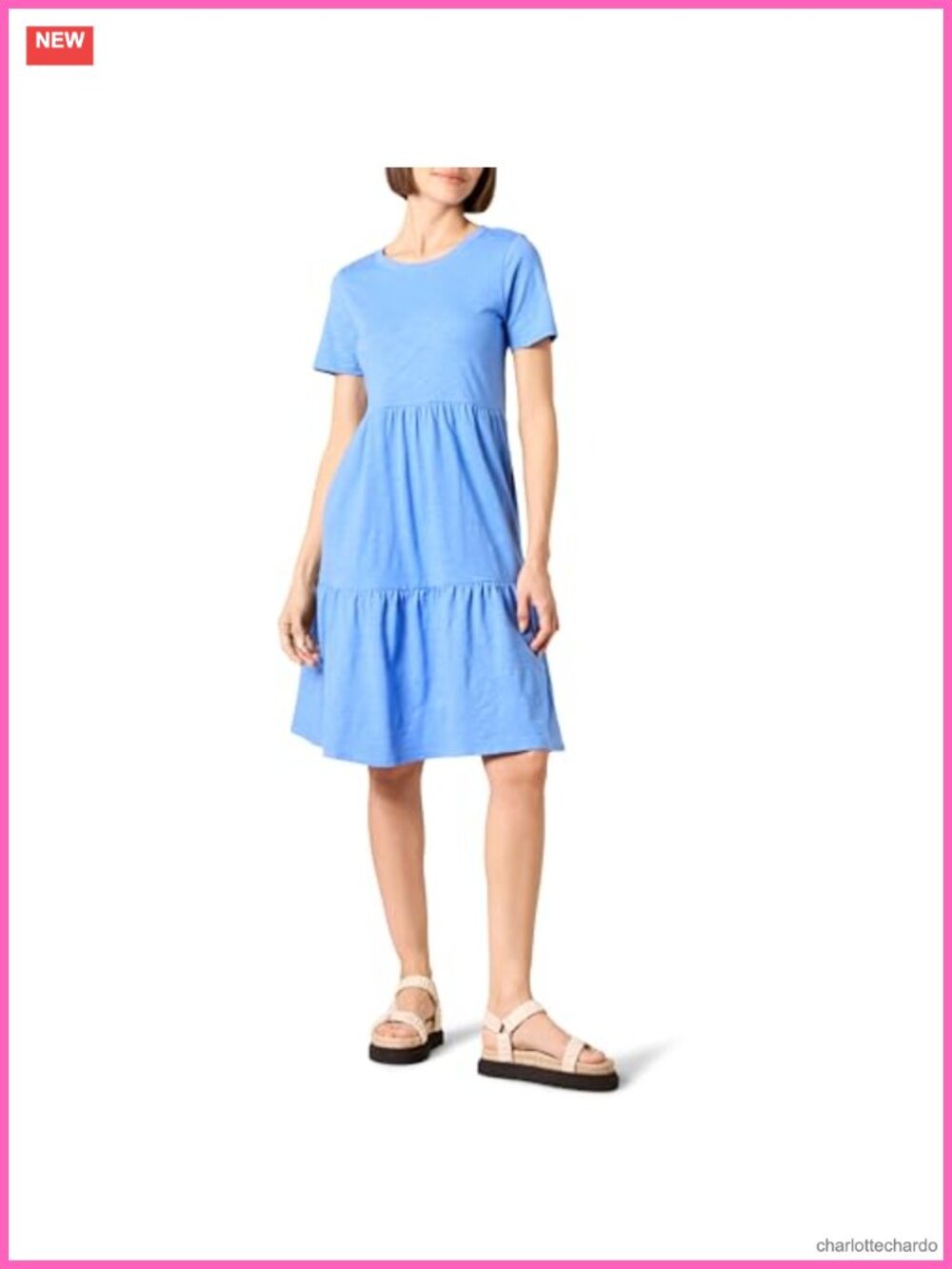Short-Sleeve Crewneck Tiered Cotton Dress - Picture 1 of 6